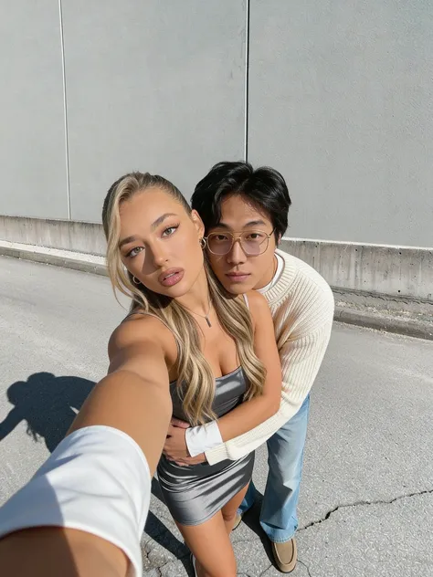 pareja joven tomando una selfie en la acera