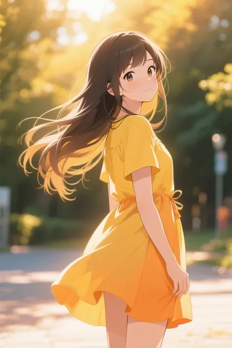 woman in yellow dress, backlit