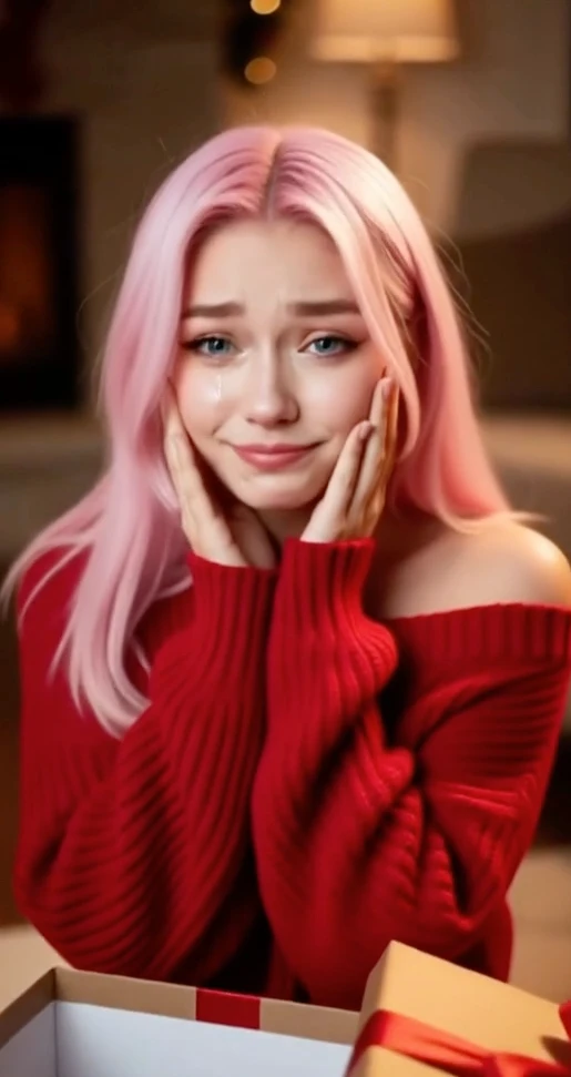 คนผมสีชมพู เสื้อกันหนาวสีแดง ของขวัญ