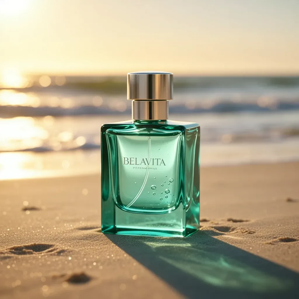 Parfümflasche am Strand bei Sonnenuntergang