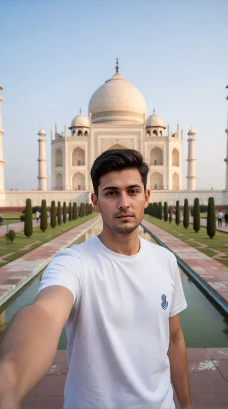 person taking selfie in front of Taj Mahal