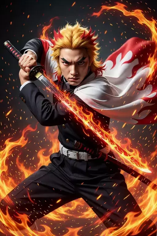 Personaggio in posa con spada fiammeggiante
