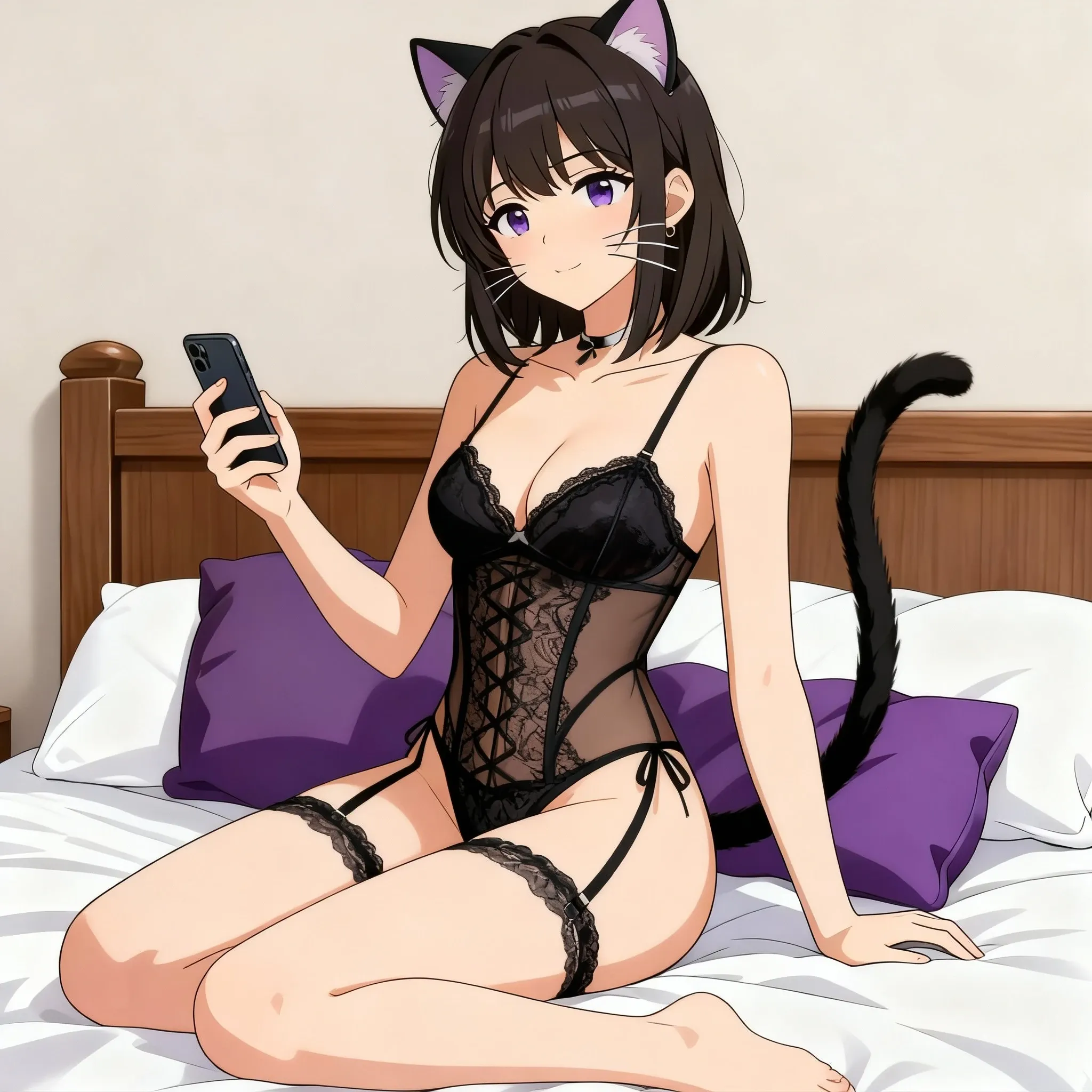 character with cat ears sitting on bed
