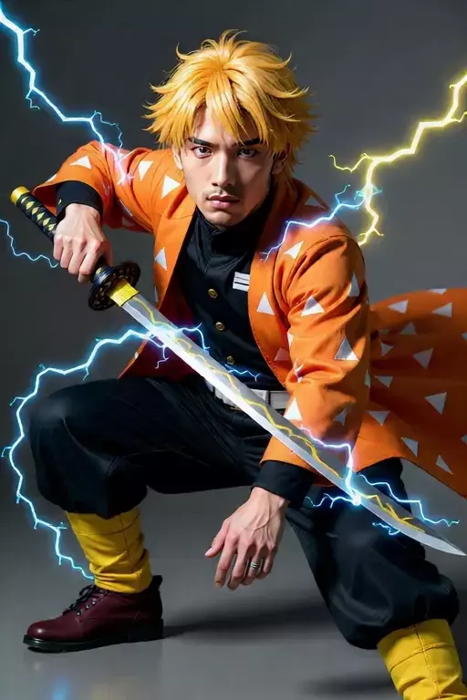 personnage cosplay en costume orange avec épée