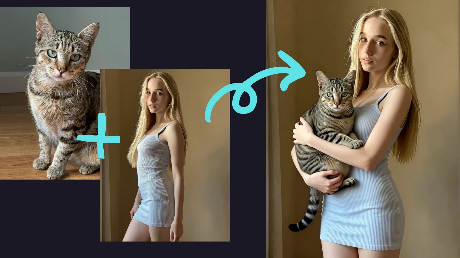 Woman holding a cat; three-panel view