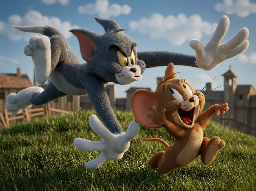 Cartoon cat chasing mouse on grass