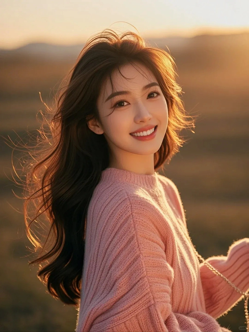 ผมย้อนแสงกับเสื้อกันหนาวสีชมพู