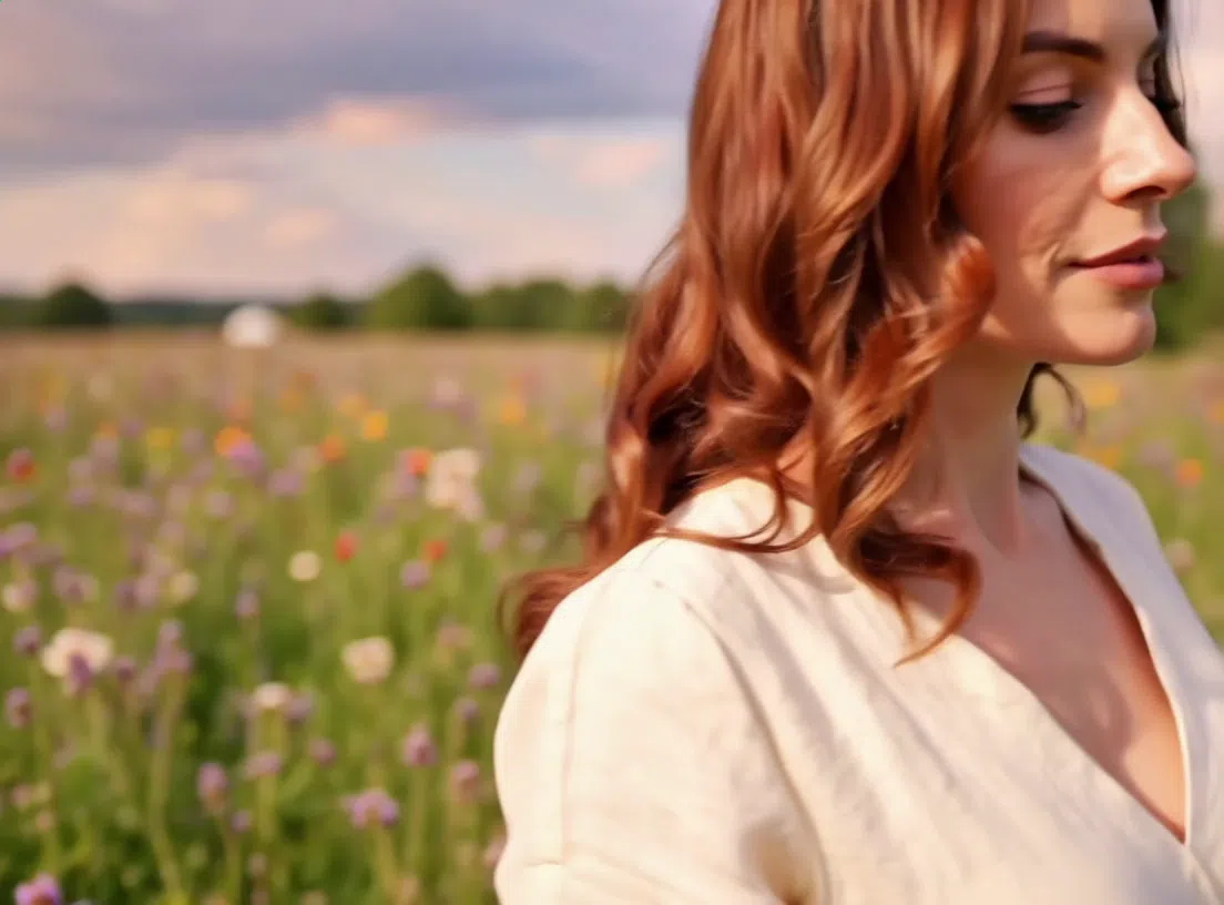woman with wavy hair in flower field