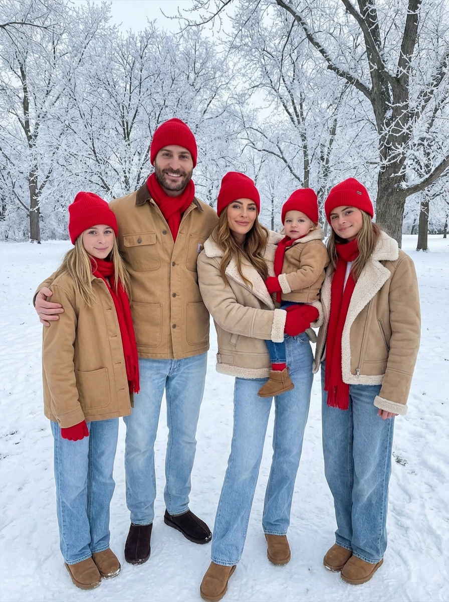 family in red hats in snowy forest