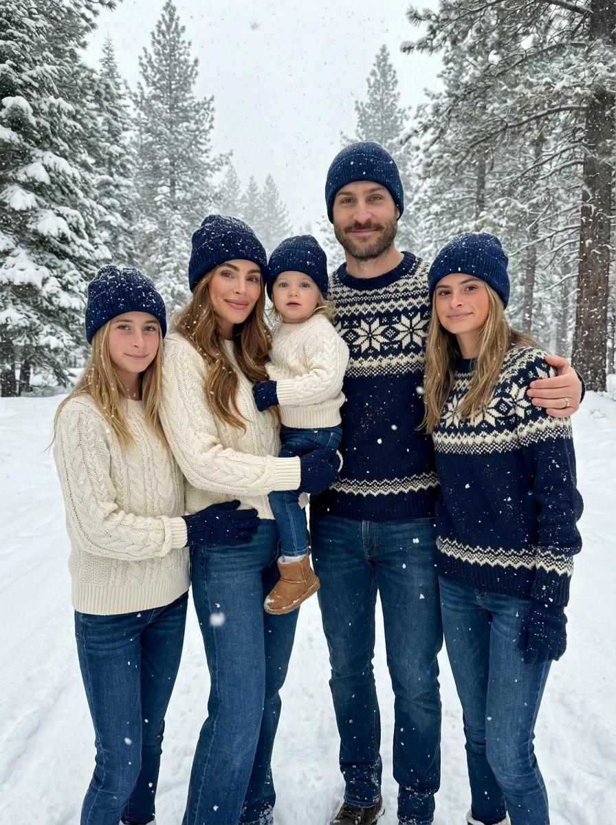 family in coordinated outfits in snowy forest