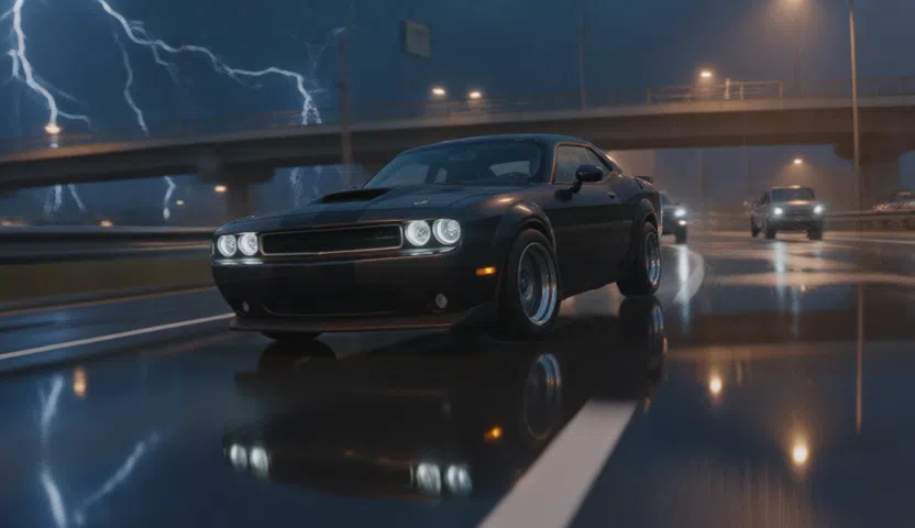 รถสปอร์ตบนทางด่วนระหว่างพายุกลางคืน