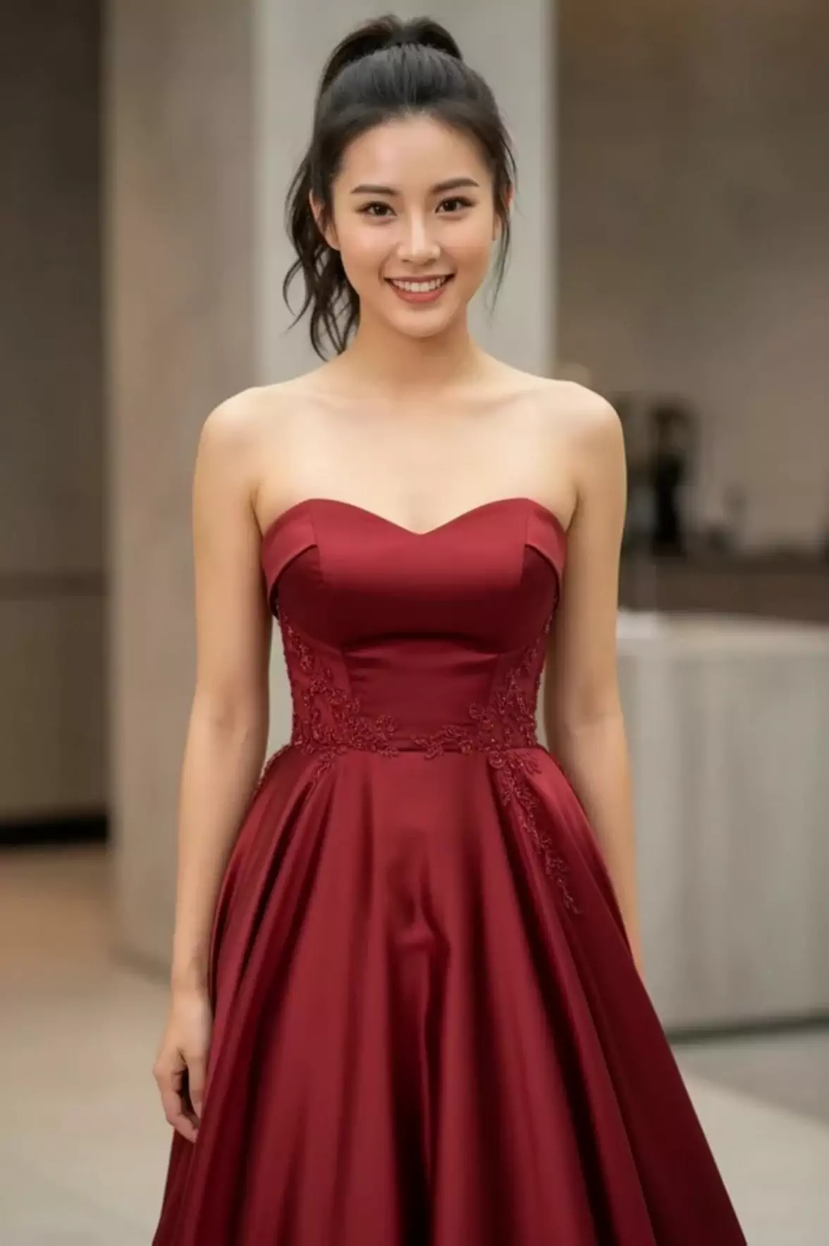 室內紅色禮服女子