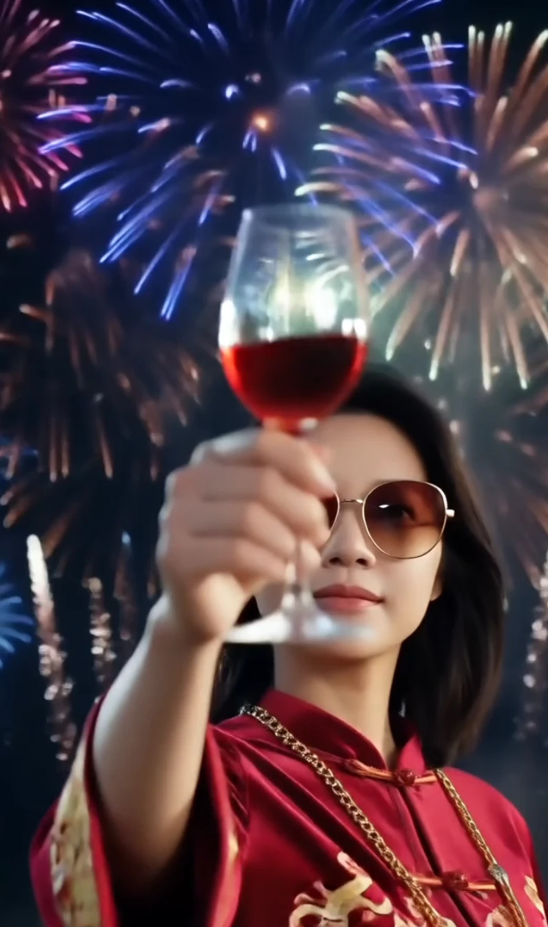 сцена празднования с фейерверками и вином