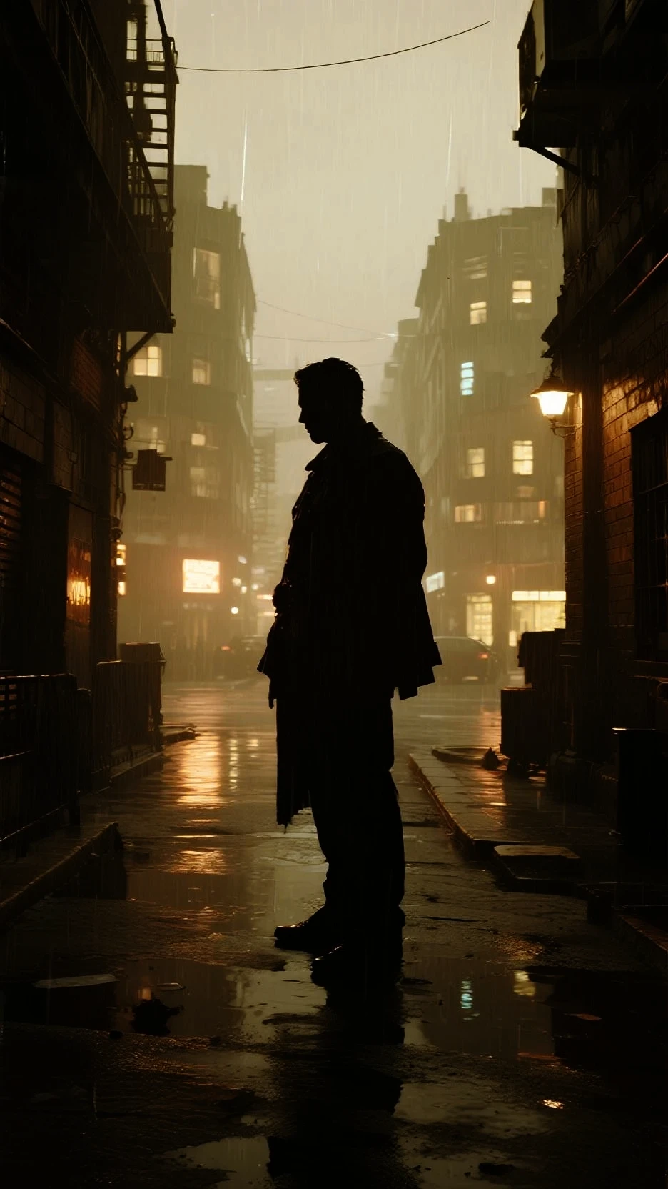 silhouette of man in rainy city