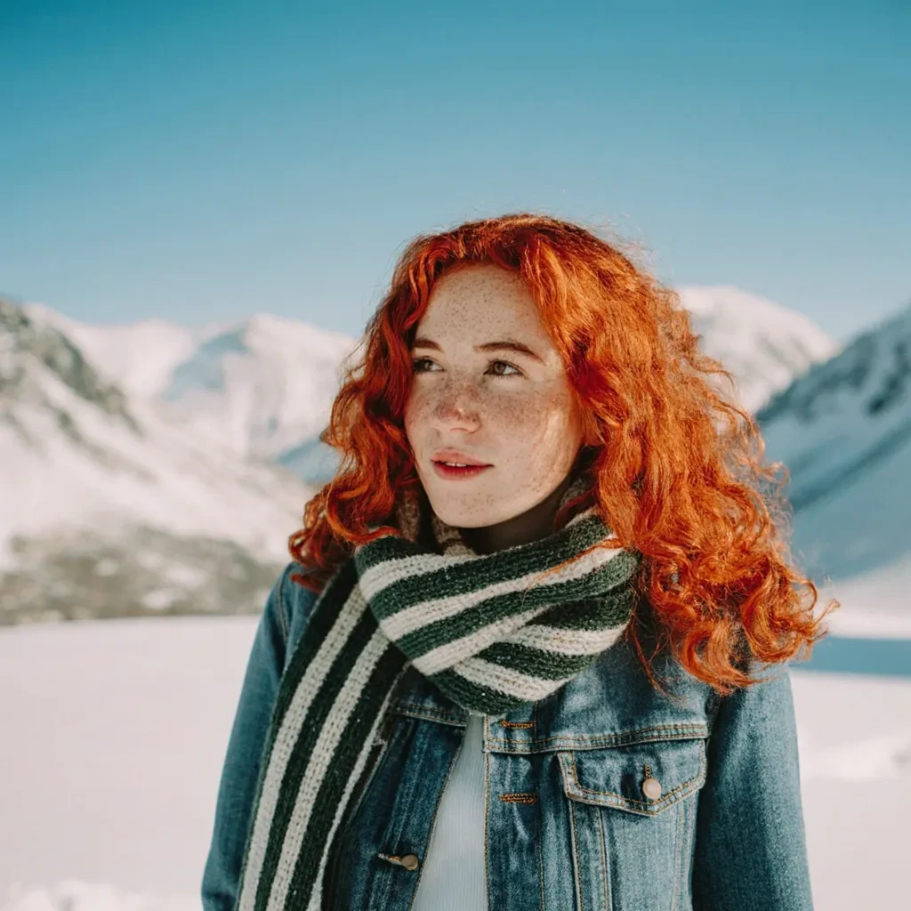 Red-haired person in snowy landscape