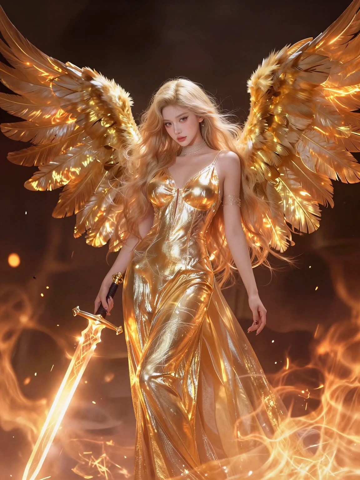 Fantasia de anjo dourado com espada flamejante