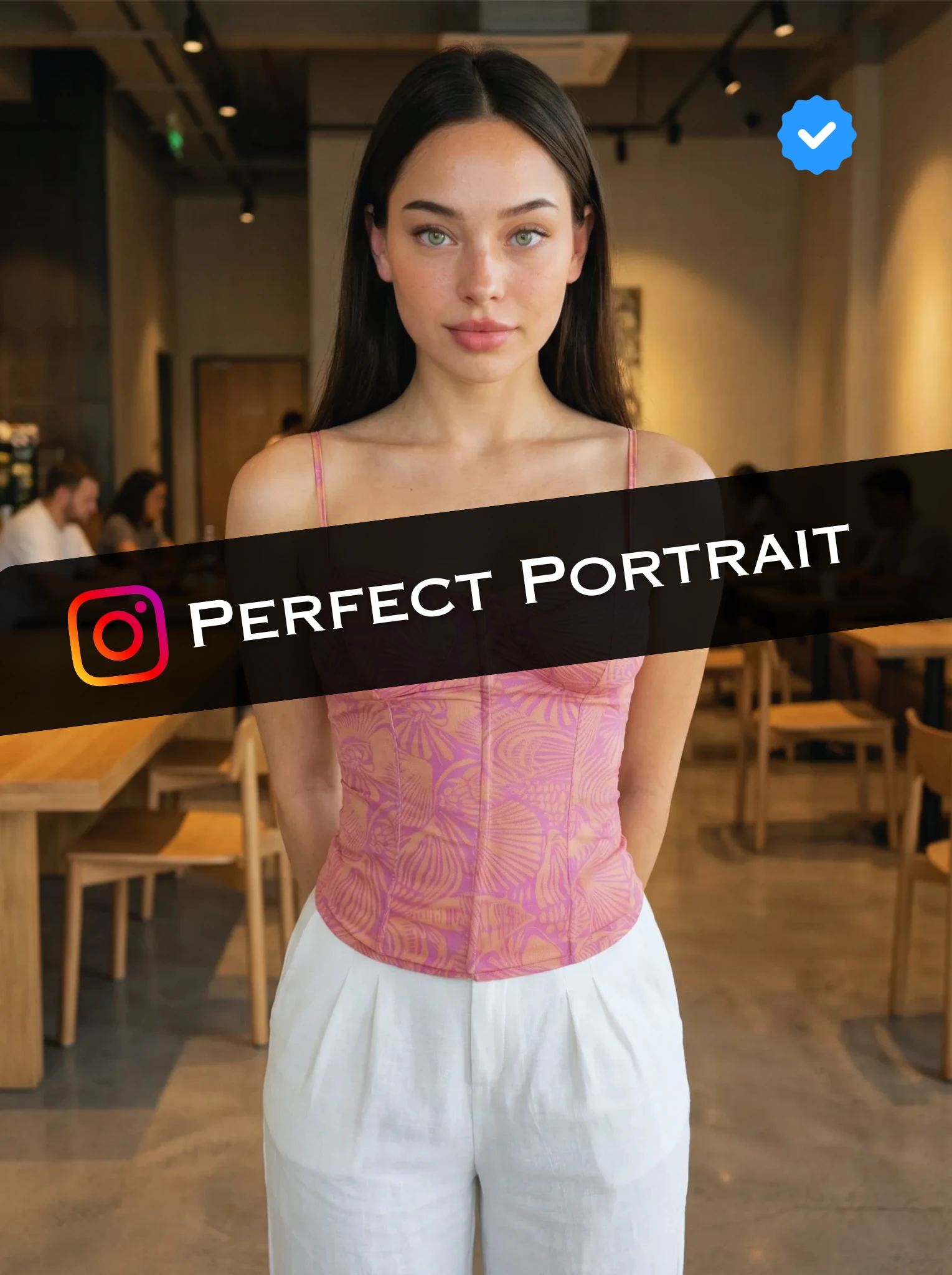 Portrait of young woman in pink top at cafe