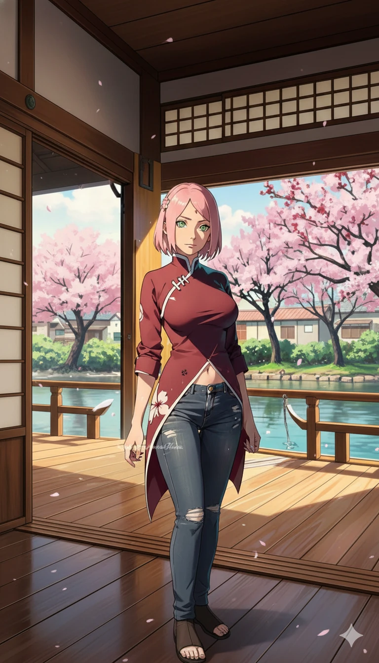 Cherry blossoms in garden, traditional attire