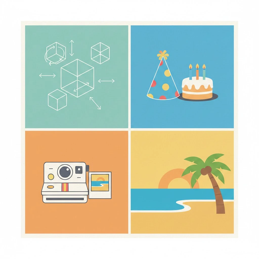four-panel with cube, cake, beach