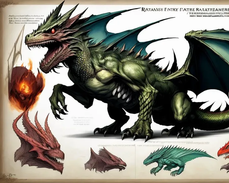 bone dragon, "D&D" fantasy creature design sheet page scan, undead_dragon, colorful detailed illustration by Jan Matejko ADOLPHE MILLOT