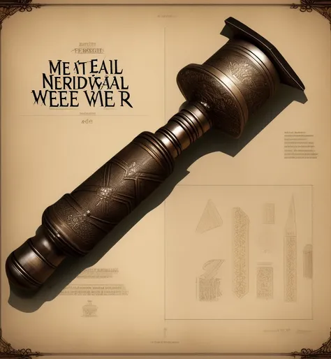 medieval weapon schematics, hammer decorated with runes, fantasy plate poster millot style, concept-art, concept_art sheet