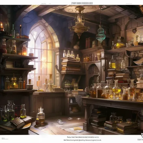 (fantasy alchemist store interior, potions,glass jars, books, and ingredients, magical gems), by greg rutkowski and Jan Matejko and Andrey Shishkin, D&D fantasy architecture design sheet page scan