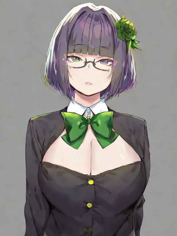 large chest, hair flower,star hair ornament,glasses,collared shirt,green bowtie,1girl,short hair,buttons,parted lips,looking at viewer,portrait,cropped shoulders,black ribbon,by sky-freedom,solo,blunt bangs,black flower,hair ribbon,gradient background,star (symbol)