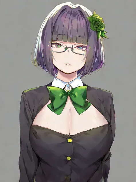 large chest, hair flower,star hair ornament,glasses,collared shirt,green bowtie,1girl,short hair,buttons,parted lips,looking at viewer,portrait,cropped shoulders,black ribbon,by sky-freedom,solo,blunt bangs,black flower,hair ribbon,gradient background,star (symbol)