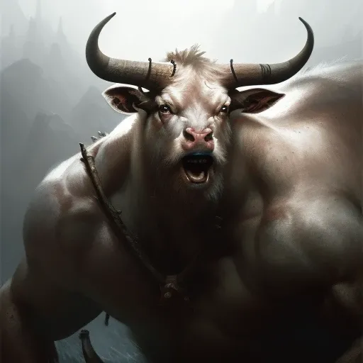Close-up Portrait of an Guernsey, Albino Minotaur_Person, Muscular Fantasy, Frostpunk, Viking, Volumetric lighting, concept art, brush stroke style, artstation, trending, highly detailed, art by greg rutkowski