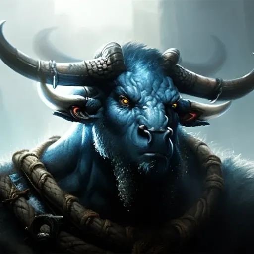Close-up Portrait of Minotaur_Person, Fantasy, Frostpunk, Viking, Volumetric lighting, concept art, brush stroke style, artstation, trending, highly detailed, art by greg rutkowski