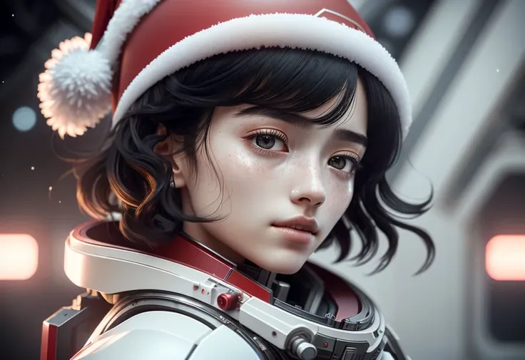 (8k, RAW photo, best quality, masterpiece:1.2), (realistic, photo-realistic:1.3), ((extremely delicate and beautiful))1girl,dramatic_shadow,ray_tracing,depth of field,perspective,science fiction,(((in space station))),((red mech)),(((red exoskeleton))),(santa hat),blush,freckle,very pretty face,((screen center)),(((solo))),,black hair,floating hair,very detailed hair,((black eyes)),sideways,turn around,((looking at viewer)),snow,upper body, sharp-focus,  volumetric lighting