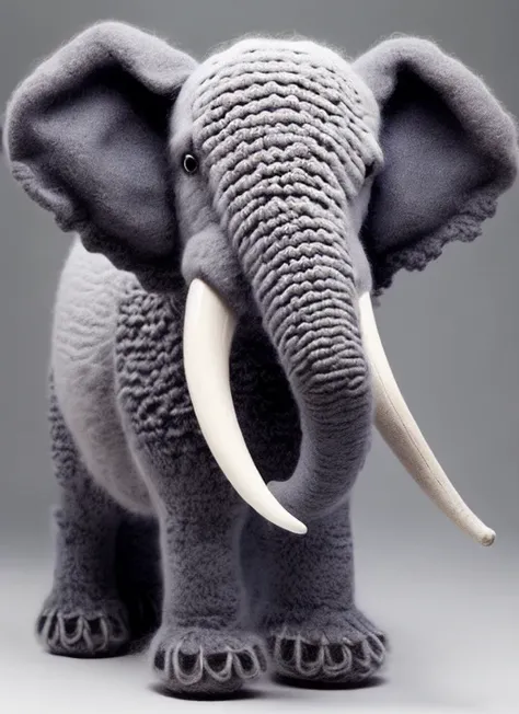 woolitize cute trumpeting grey fluffy elephant, anatomically perfect, perfect tusks