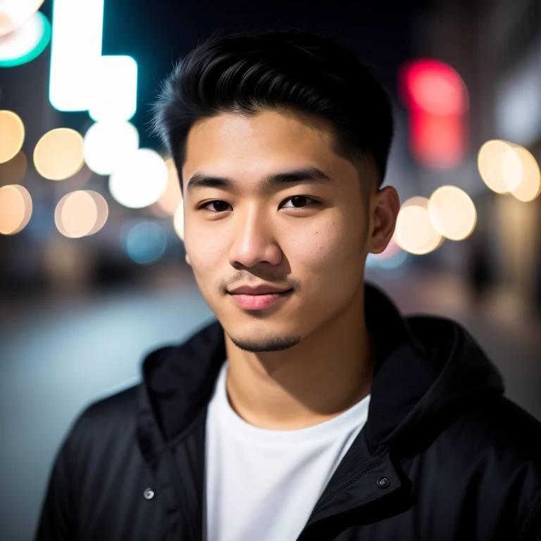 RAW photo, a portrait photo of 25 y.o man in casual clothes, night, city street, (high detailed skin:1.2), 8k uhd, dslr, soft lighting, high quality, film grain, Fujifilm XT3