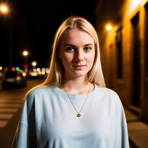 RAW photo, a portrait photo of 25 y.o swedish woman in casual clothes, night, city street, (high detailed skin:1.2), 8k uhd, dslr, soft lighting, high quality, film grain, Fujifilm XT3