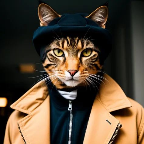 RAW photo, animal, a portrait photo of [man:cat:2] humanoid in clothes, face, 8k uhd, dslr, soft lighting, high quality, film grain, Fujifilm XT3