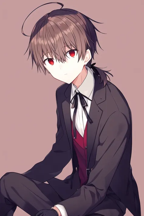 lawrence,1boy,ahoge,bangs,black jacket,black pants,black ribbon,brown hair,closed mouth,collared shirt,expressionless,gloves,hair between eyes,jacket,looking at viewer,male focus,neck ribbon,ponytail,red eyes,ribbon,shirt,short hair,short ponytail,sitting,solo