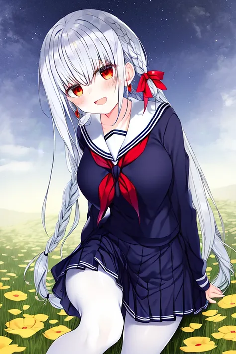 masterpiece, best quality, girl, solo, long hair, solid circle eyes, flower ribbon, silver hair, white pantyhose, shorts under skirt, in winter, flower field, sailor shirt, sailor suite, serafuku, knee_boots, huge_filesize, earrings, collar, hair_pull, red eyes, red eyeshadow, small breasts, twin_braids, braided bangs, multi-tied hair, naughty_face, panties over pantyhose, masterpiece, best quality, girl, solo, long hair, hair ribbon, :d, mole under eye, solid circle eyes, medium breasts, uwabaki, flower ribbon, shushing, Side ponytail, aqua eyes, silver hair, leg tattoo, white pantyhose, shorts under skirt,