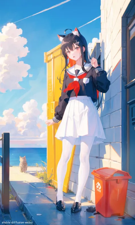 ((masterpiece, best quality)),(Fisheye lens),a girl, solo, skirt, sky, sitting, pantyhose, serafuku, cloud ,outdoors, neckerchief ,day, bangs, fence, shirt, ahoge, rooftop, long hair, white pantyhose, black hair, school uniform, white sailor collar, red eyes, sailor collar, blue skirt, red neckerchief, blue serafuku, animal ears, blue sky, long sleeves, blue shirt, looking at viewer, closed mouth,cat ears, pleated skirt, cloudy sky, trash can,