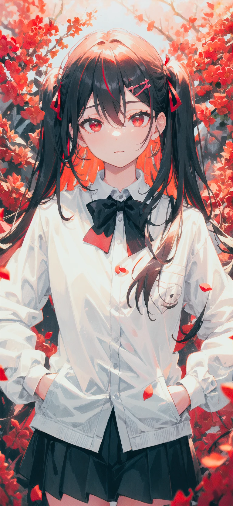 (masterpiece, best quality)),a girl, solo, twintails, shirt, skirt, petals, bowtie, earrings, jewelry, bangs, black hair, hair ornament, hair ribbon, red ribbon, red eyes, long hair, white shirt, multicolored hair, black skirt, red hair, long sleeves, pink bowtie, hair between eyes, looking at viewer, collared shirt, upper body, falling petals, depth of field, strong bloom, red background,hands in pockets
