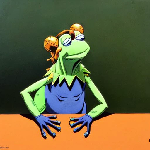 Kermit the frog, Very detailed, clean, high quality, sharp image, John Philip Falter, Very detailed painting