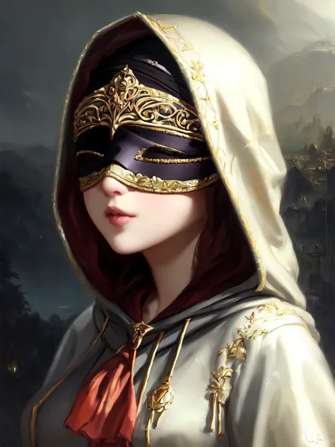 pino daeni, ilya kuvshinov, sophie anderson, yeero, (((landscape))), (((portrait))), (((dark fantasy))),  busty young woman, (((masked))), (((hooded))), (((blindfold))), (seductive pose), (seductive expression), ((masterpiece)), (squished), (beautiful face), (beautiful eyes), (concept art), (((detailed))), ((intricate)), pixiv, light novel, uhd, vivid colors, sharp