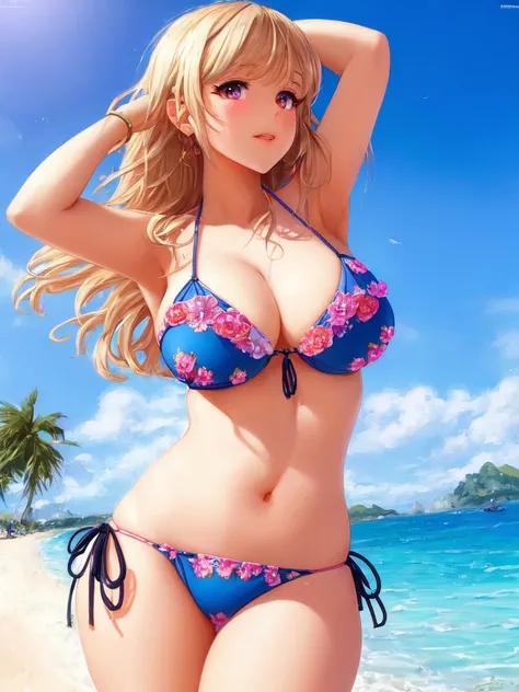 pino daeni, ilya kuvshinov, sophie anderson, yeero, (((landscape))), (((upper body))), cute busty gyaru having fun on the beach, (((bikini))), (seductive pose), (seductive expression), ((masterpiece)), (squished), (beautiful face), (beautiful eyes), (concept art), (((detailed))), ((intricate)), pixiv, light novel, uhd, vivid colors, sharp