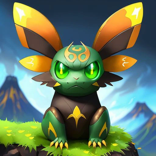 (samdoesarts style:1.3) a funny  moss-green (electric:1.2) butterfly Pokemon with gold hair, glowing eyes, Lava world or volcano, highly detailed, intricate