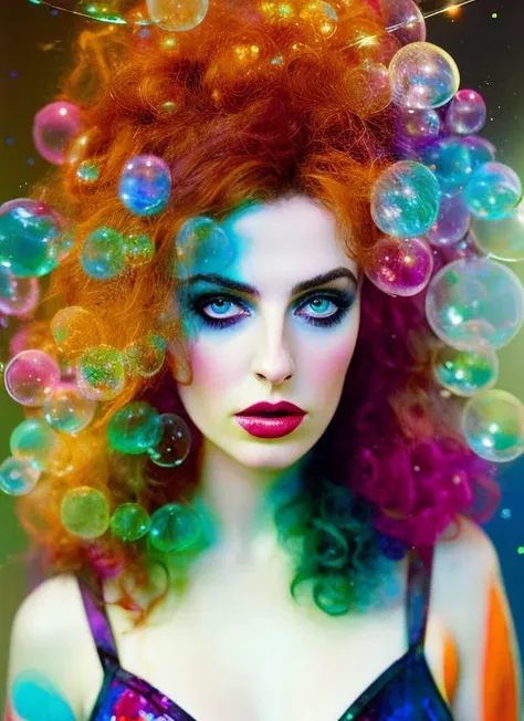 drunken beautiful woman as delirium from sandman, (hallucinating colorful soap bubbles), by jeremy mann, by sandra chevrier, by dave mckean and richard avedon and maciej kuciara, punk rock, tank girl, high detailed, 8k