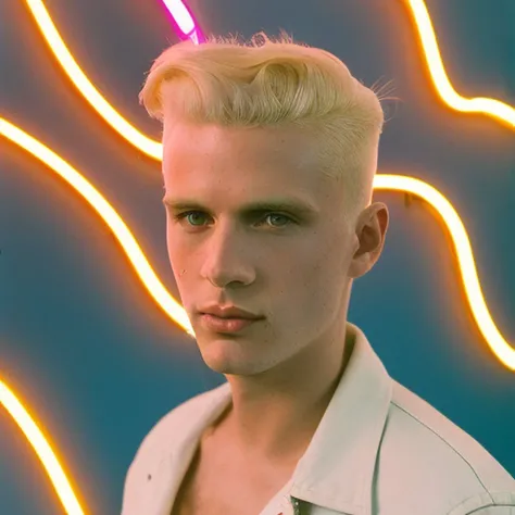 analogue style ((skinny)) male twunk holding microphone, nsfw, full body, focus on camera, detailed face, New wave, New romantic, 80's, bare chest, very short blonde hair with shaved sides, blonde stubble, (blonde chest hair), ((eyeliner)), lipstick, blue eyes, stage background, neon lights, 35mm color movie still, photorealistic,