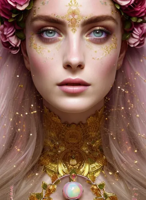 (symmetry:1.1) (portrait of floral:1.05) a woman as a beautiful goddess, (assassins creed style:0.8), pink and gold and opal color scheme, beautiful intricate filegrid facepaint, intricate, elegant, highly detailed, digital painting, artstation, concept art, smooth, sharp focus, illustration, art by greg rutkowski and alphonse mucha, 8k