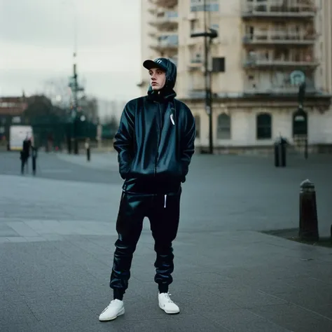 analogue style 2 ((skinny)) male twunks hugging, nsfw, portrait, detailed face, (black shiny latex tracksuit), black baseball cap, white trainers, blue eyes, chav, scally, poor, urban street background, night, dark, 35mm color movie still, photorealistic,