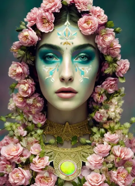 (symmetry:1.1) (portrait of floral:1.05) a woman as a beautiful goddess, (assassins creed style:0.8), pink and gold and opal color scheme, beautiful intricate filegrid facepaint, intricate, elegant, highly detailed, digital painting, artstation, concept art, smooth, sharp focus, illustration, art by greg rutkowski and alphonse mucha, 8k