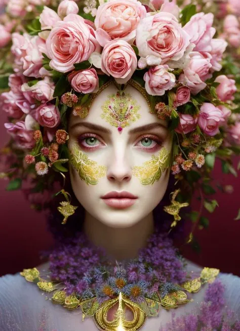 (symmetry:1.1) (portrait of floral:1.05) a woman as a beautiful goddess, (assassins creed style:0.8), pink and gold and opal color scheme, beautiful intricate filegrid facepaint, intricate, elegant, highly detailed, digital painting, artstation, concept art, smooth, sharp focus, illustration, art by greg rutkowski and alphonse mucha, 8k