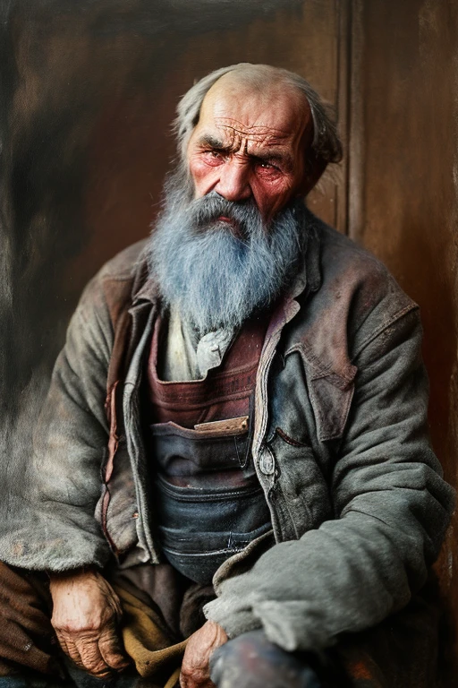 A portrait of poor russian 1800 old worker in rags, ((overwhelming fatigue )), wrinkles of age, concept art, oil pastel painting , moody gray colors , gritty, messy stylestyle of Alexey Savrasov, Ivan Shishkin, Ilya Repin, (cel shaded:1.2), 2d, (oil painting:1.2) highly detailed